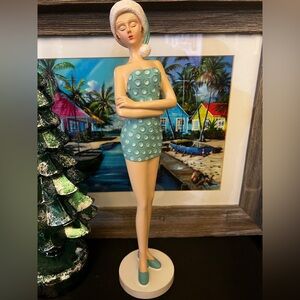 Christmas Beach Girl in Polka Dot suit  in Blue Santa hat